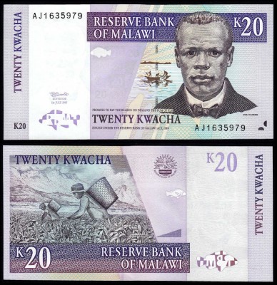 !!! MALAWI - 20 KWACHA 1997 - P 38 b - UNC / SERIE INALTA , 3 mm foto