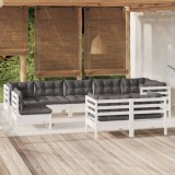 Cumpara ieftin Set mobilier de grădină cu perne, 9 piese, alb, lemn masiv pin