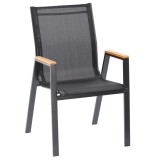 Scaun de gradina negru cu cadru metalic si cotiere aspect lemn, 61x56x90 cm