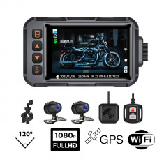 Kit Camere Motocicleta DVR, Dual, Display 3&#039;&#039;,1080P Fata/IP67, WIFI, GPS, senzor de gravitatie si inregistrare video inteligenta