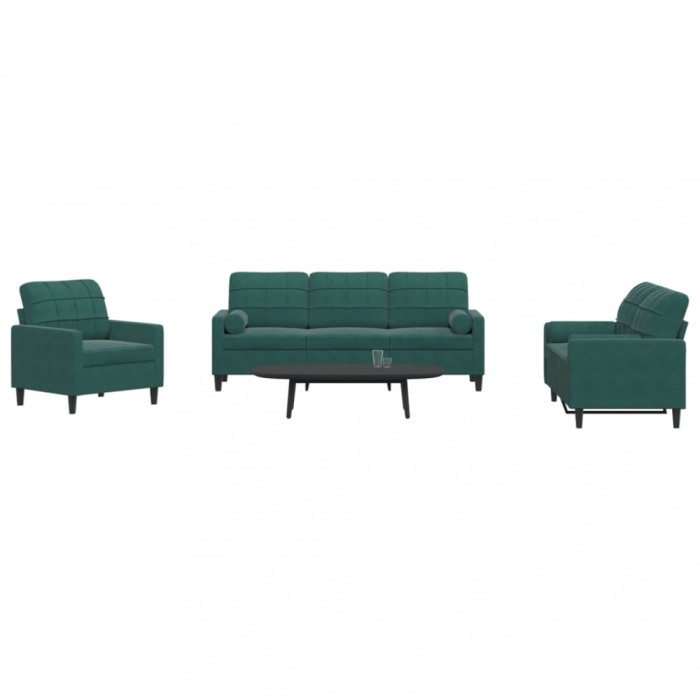 vidaXL Set canapele cu perne/rulouri, 3 piese, verde &icirc;nchis, catifea