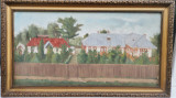 Tablou Peisaj rustic Case Moldovenești pictura ulei pe p&acirc;nză inramat 44x78cm, Peisaje, Altul