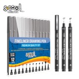 Fineliner, diferite dimensiuni 0.03-2 mm + varf tip pensula, 12 buc/set &ndash; S-COOL