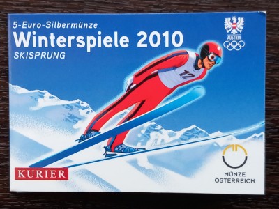 MONEDA DIN ARGINT AUSTRIA - 5 EURO 2010, MONEDA UNC IN BLISTER- SPORT- SKI JUMP foto