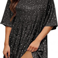 UD Femei Rochie Paiete Sparkly Giltter Gât Rotund Maneca Scurta A-Line Loose Swi