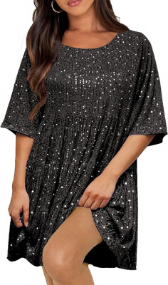 UD Femei Rochie Paiete Sparkly Giltter G&amp;acirc;t Rotund Maneca Scurta A-Line Loose Swi foto