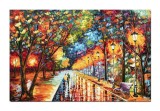 Cumpara ieftin Tablou GIGANT indragostiti pictat manual, Pe aleea noastra, la lumina felinarelor, 150x100cm ulei pe panza in cutit efect 3D