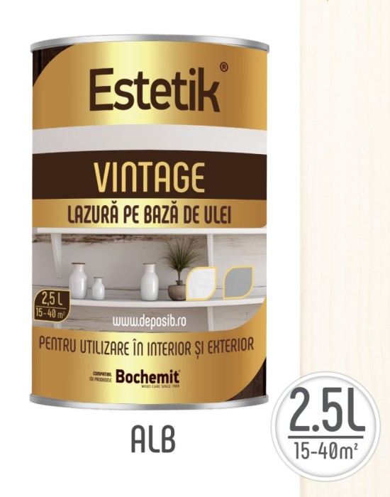 Lazura lemn Estetik Vintage 2.5l, alb, protectie UV