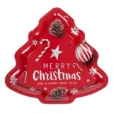 Platou Decorativ de Craciun Metalic Brad Rosu cu Globuri Conuri 31x30cm, CMCLASS
