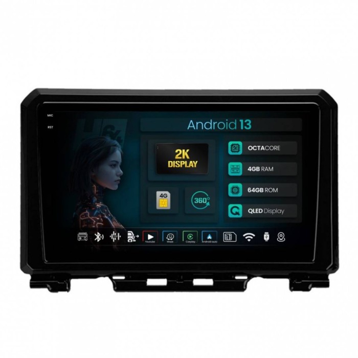 Navigatie 2K Suzuki Jimny (2018-2022) 4GB RAM Android 13 Octacore Slot Sim 4G DSP GPS Wi-FI Carplay Android Auto USB Bluetooth Waze Touchscreen 9.5 In