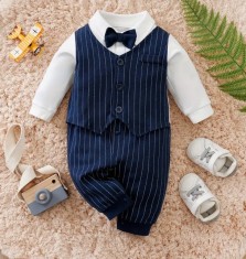 Salopeta eleganta pentru bebelusi baieti - model costum cu vesta si papion foto