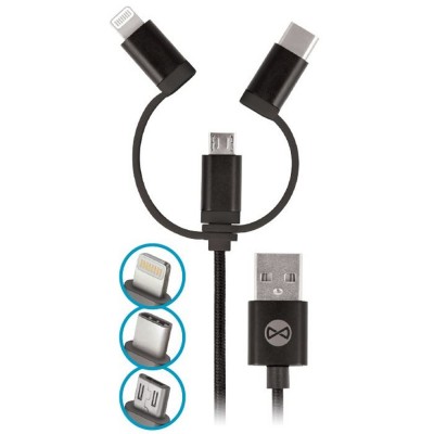 Cablu Date si Incarcare USB la Lightning - USB la MicroUSB - USB la USB Type-C Forever nylon, 1 m, Negru foto