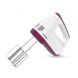 Mixer de mana Heinner, 400 W, 2 teluri si 2 carlige din inox, 6 viteze + turbo, self stand, Alb/Burgundy