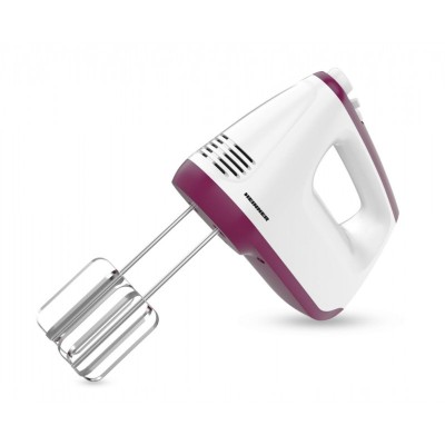 Mixer de mana Heinner, 400 W, 2 teluri si 2 carlige din inox, 6 viteze + turbo, self stand, Alb/Burgundy foto
