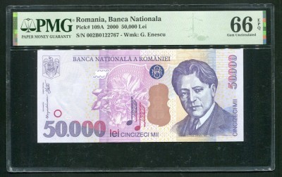 q555 BANCNOTA 50000 LEI 2000 NECIRCULATA UNC GRADATA PMG 66 EPQ foto