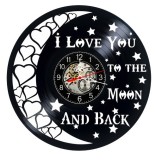 Ceas de perete decorativ disc vinil 30 cm - Model Romantic "I Love You To The Moon and Back" cu inimi si stele, mecanism silentios