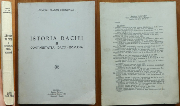 Gen. Platon Chirnoaga , Istoria Daciei , 1972 , autograf catre Monica Lovinescu