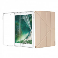 Set 3 in 1 husa carte, husa silicon si folie protectie ecran pentru iPad Mini 5 2019 A2124 / A2125 / A2126 / A2133, auriu foto