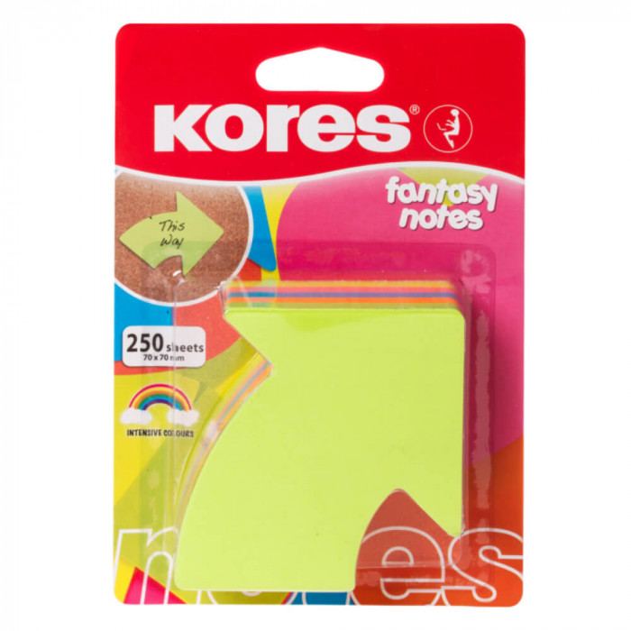 Notite Adezive Sageata Kores, 5 Culori Neon, 50 File/Culoare, 70x70 mm, Bloc Notes, Sticky Notes, Post-it, Post-it-uri, Bloc de Hartie, Notite pentru
