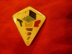 Insigna TIB 1970 Mecano-Export Romania , h=3cm , metal si email