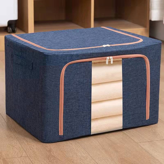 Cutie de depozitare pliabil&Auml;, 24l, bumbac &amp; in, 40x30x20 cm, fereastr&Auml; transparent&Auml;, 2 u&Egrave;i cu fermoar, cadru metalic, baz&Auml; stabil&Auml;, albastru