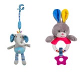 Set Jucarie Suspendata pentru Carucior Gri Albastra Elefant cu Sunet 34cm + Jucarie Zornaitoare de Plus ConceptSeller&reg;, Inel cu Iepuras si Dentitie