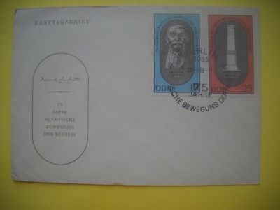 HOPCT PLIC S FDC NR 840 ANIVERSARE 75 ANI JOCURILE OLIMPICE MODERNE 1969 COUBERTIN -GERMANIA -CIRCULAT foto