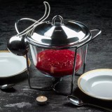 Vas termorezistent rotund adanc, pentru servit mancare, cu capac din inox, chafing dish cu lumanare, 4L, Kinghoff