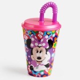 Pahar cu pai si capac, Roz, Plastic, 430ml, Minnie Mouse, CMCLASS