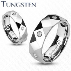 Inel din tungsten, cu romburi, triunghiuri și zircon - Marime inel: 49, Grosime: 6 mm