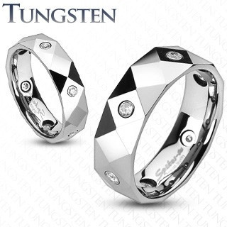 Inel din tungsten, cu romburi, triunghiuri și zircon - Grosime: 6 mm, Marime inel: 64
