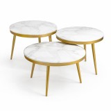 Set 3 Măsuțe de Cafea Rotunde, Blat Aspect Marmură și Cadru Auriu