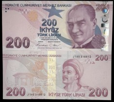 TURCIA 200 LIRE 2024/2025 ( 2009 ) prefix J , UNC [1] P- 227g , necirculata , Semn Guvernator Fatih Karahan , Viceguvernator Osman Cevdet Akcay