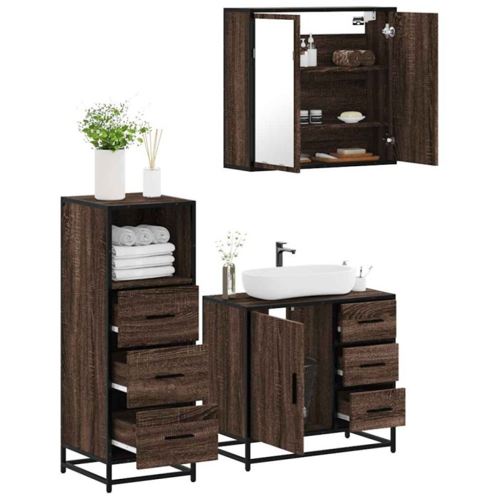 vidaXL Set mobilier de baie, 3 piese, stejar maro, lemn prelucrat 3301019