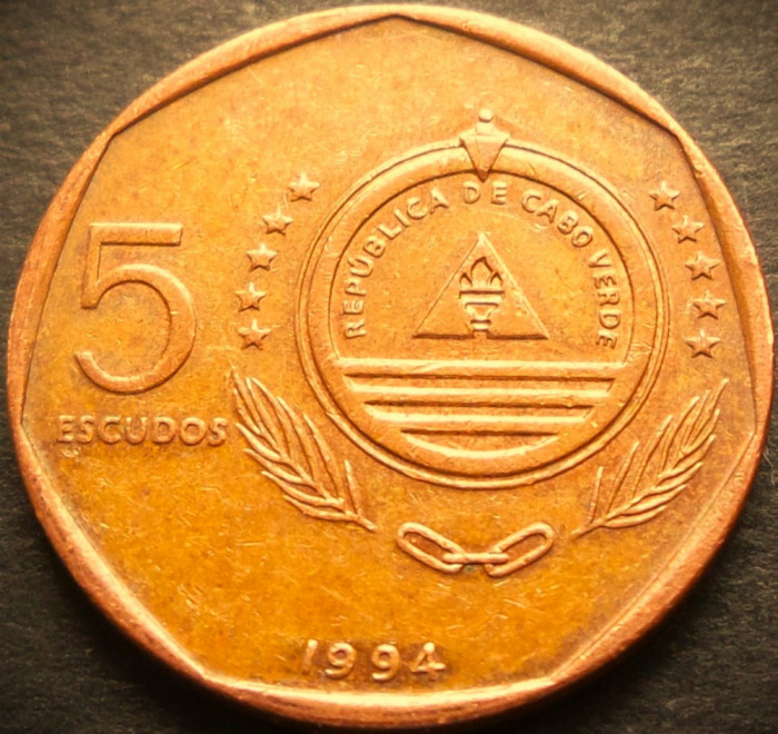Moneda exotica 5 ESCUDOS - CAPUL VERDE, anul 1994 *cod 1929 B = CONTRA BRUXAS