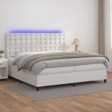 Cumpara ieftin Pat cu arcuri, saltea și LED, alb, 200x200 cm, piele ecologică