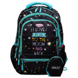 Ghiozdan Scolar cu Borseta Daco, Dimensiuni 38x30x17 cm, Model I Love You To The Moon And Back, Bretele cu Burete Reglabile si Patru Fermoare, Materia