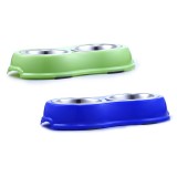 Bol dublu pentru hrana animale, diametru bol 16 cm, Albastru/Verde