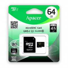 Card APACER microSDXC 64GB Clasa 10 UHS-I U1 cu adaptor SD foto