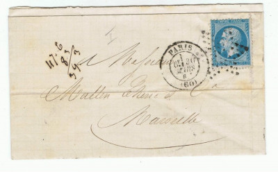 France 1867 Postal History Rare Cover + Content PARIS to MARSEILLE D.834 foto
