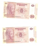 2 x Bancnota Congo 50 francs/franci 30 iunie 2013, serie consecutiva, aUNC