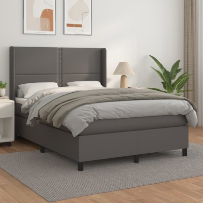 vidaXL Pat box spring cu saltea, gri, 140x190 cm, piele ecologică foto