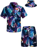 Set pentru băieți cu cămașă hawaiană și șorturi cu imprimeu tropical și pălărie, 2 piese &ndash; Albastru 3-4T