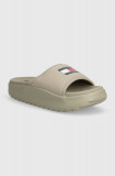 Cumpara ieftin Tommy Jeans papuci TJW CHUNKY POOL SLIDE femei, culoarea bej, cu platforma, EN0EN02448