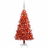 Set brad de Crăciun artificial LED-uri/globuri roșu 120 cm PVC