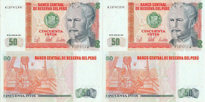 2 x 1987 ( 26 VI ) , 50 intis ( P-131b ) - Peru - stare UNC foto