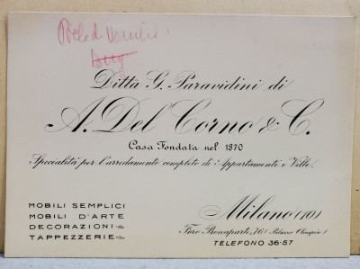 CARTE DE VIZITA A FIRMEI ITALIENE &amp;#039;&amp;#039; A . DEL CORNO et COMP. &amp;#039;&amp;#039; , MILANO , INTERBELICA foto