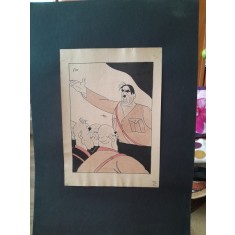 Caricatura, desen original in penita si ceracolor, semnata Iosif Ross 1899 - 1974, Hitler tinand un discurs, cu paspartu