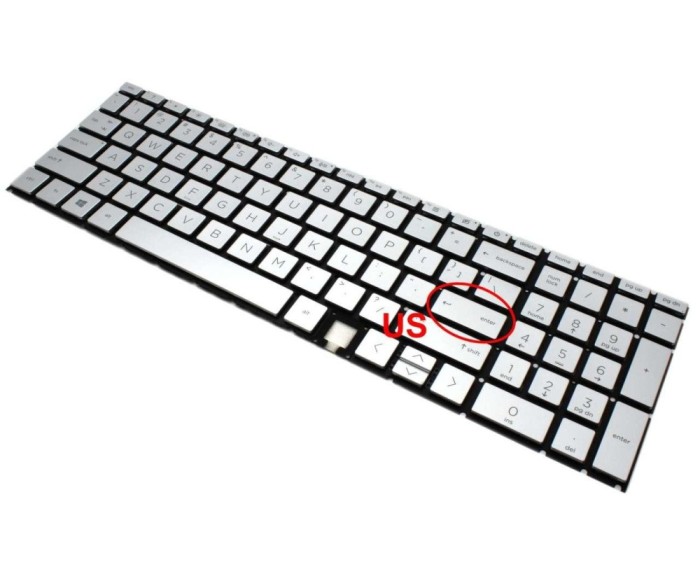 Tastatura HP Argintie 9Z.NHBBC.101 iluminata layout US fara rama enter mic, PK132UR1A00 iluminata layout US