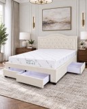 Pat Terasino 180x200 cm Tapitat Catifea Crem cu 4 Sertare si Somiera Inclusa